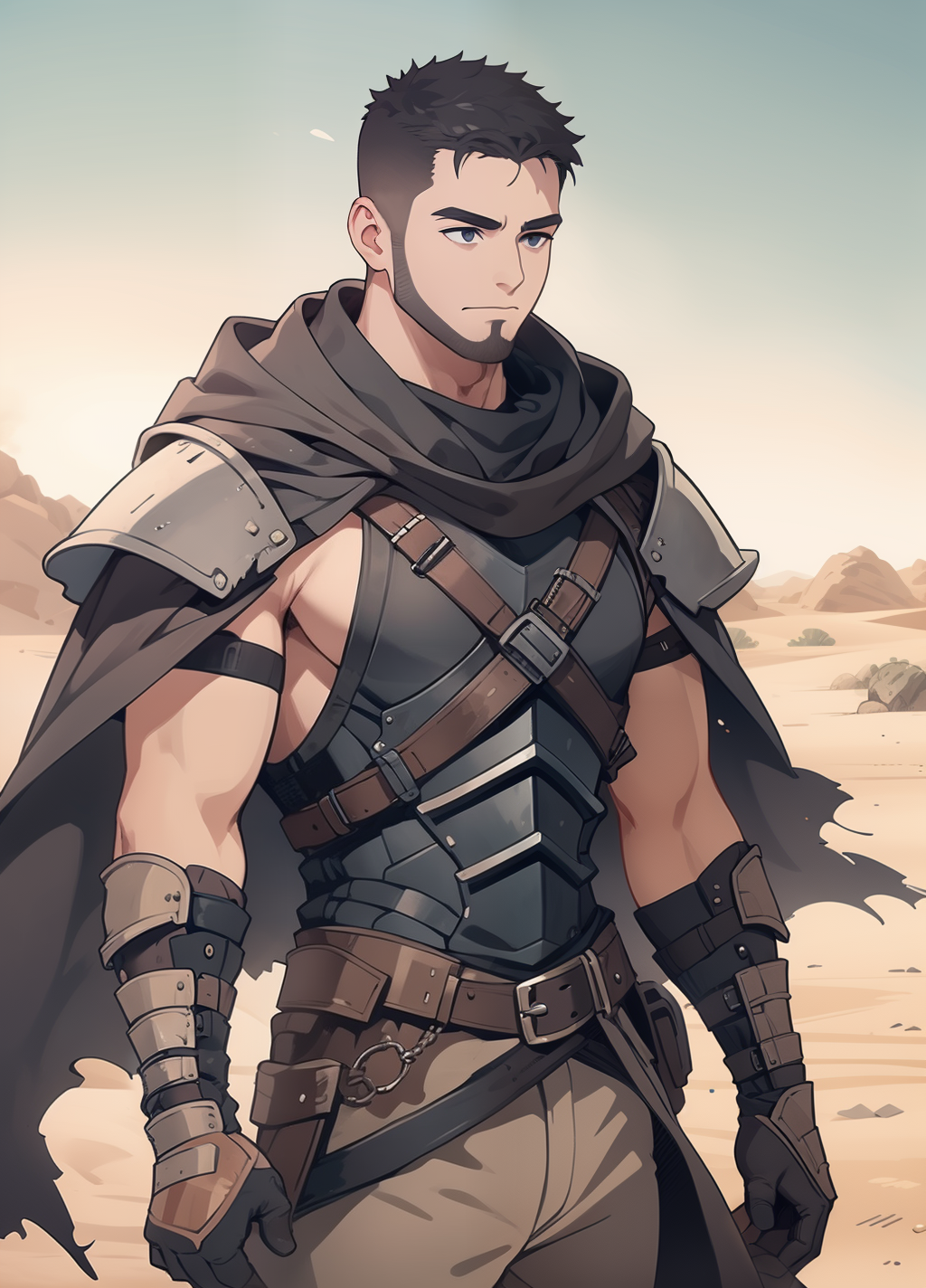 04944-2866116595-1boy, solo, male focus, bara, upper body, des3rt4rmor, desertpunk knight armor, torn clothes, cloak, dagger _lora_kk-boy_0.8_ _l.png